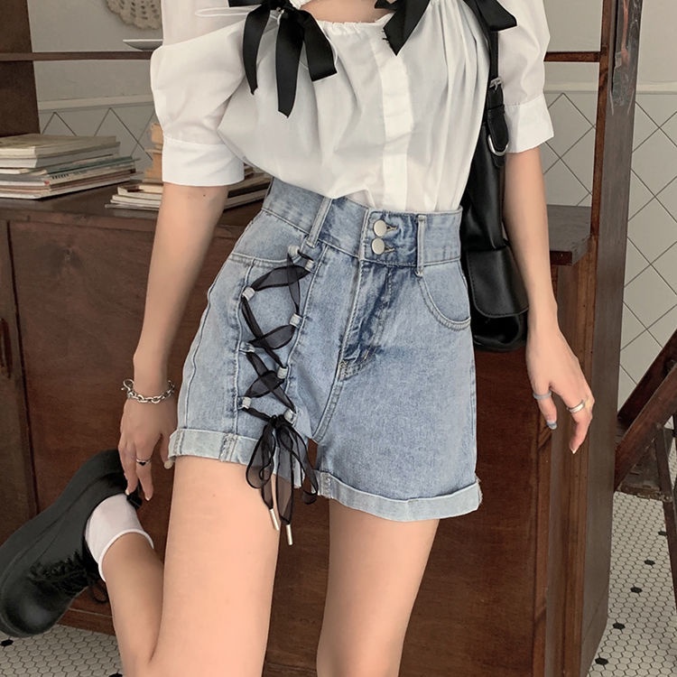 Quần Short Denim Lưng Cao Ống Rộng Thiết Kế Cột Dây Dáng Chữ A Phong Cách Đường Phố Cá Tính Cho Nữ