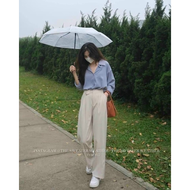 [Ảnh thật/sẵn] Quần suông Túi Nắp hack dáng chất Lụa phong cách Hàn Quốc