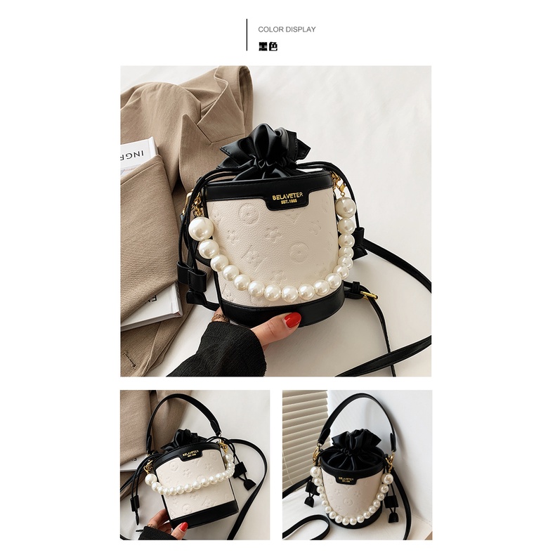 Túi xách nữ mini họa tiết dây ngọc hai màu nâu, đen sang chảnh