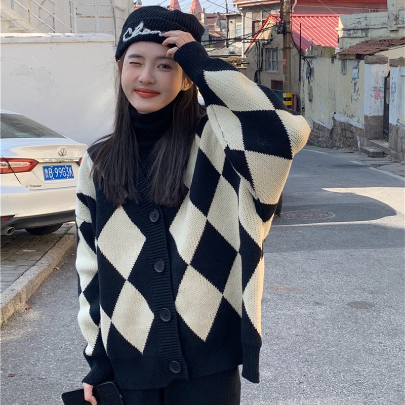Áo Khoác Cardigan Nữ Màu Đen Trắng Cam Dệt Kim Cổ V Hình Thoi Dài Tay Vintage Chất Len Thỏ Hàn Quốc Hot Trend