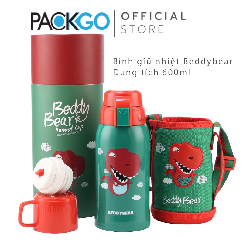 Bình giữ nhiệt cho Bé Chính hãng 100% Beddy Bear - Dung tích 600 ml - Khủng Long - 2 Nắp thay thế - Hộp đựng xinh xắn