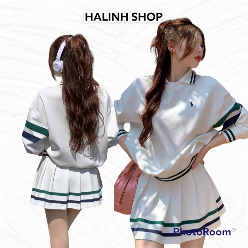 Sét Áo Nỉ Polo Mix Chân Váy Tennis Xếp Ly Có Quần Trong Logo Ngựa Trắng -Halinh Shop-Sét Nỉ Ngoại Size S M Hàn Quốc