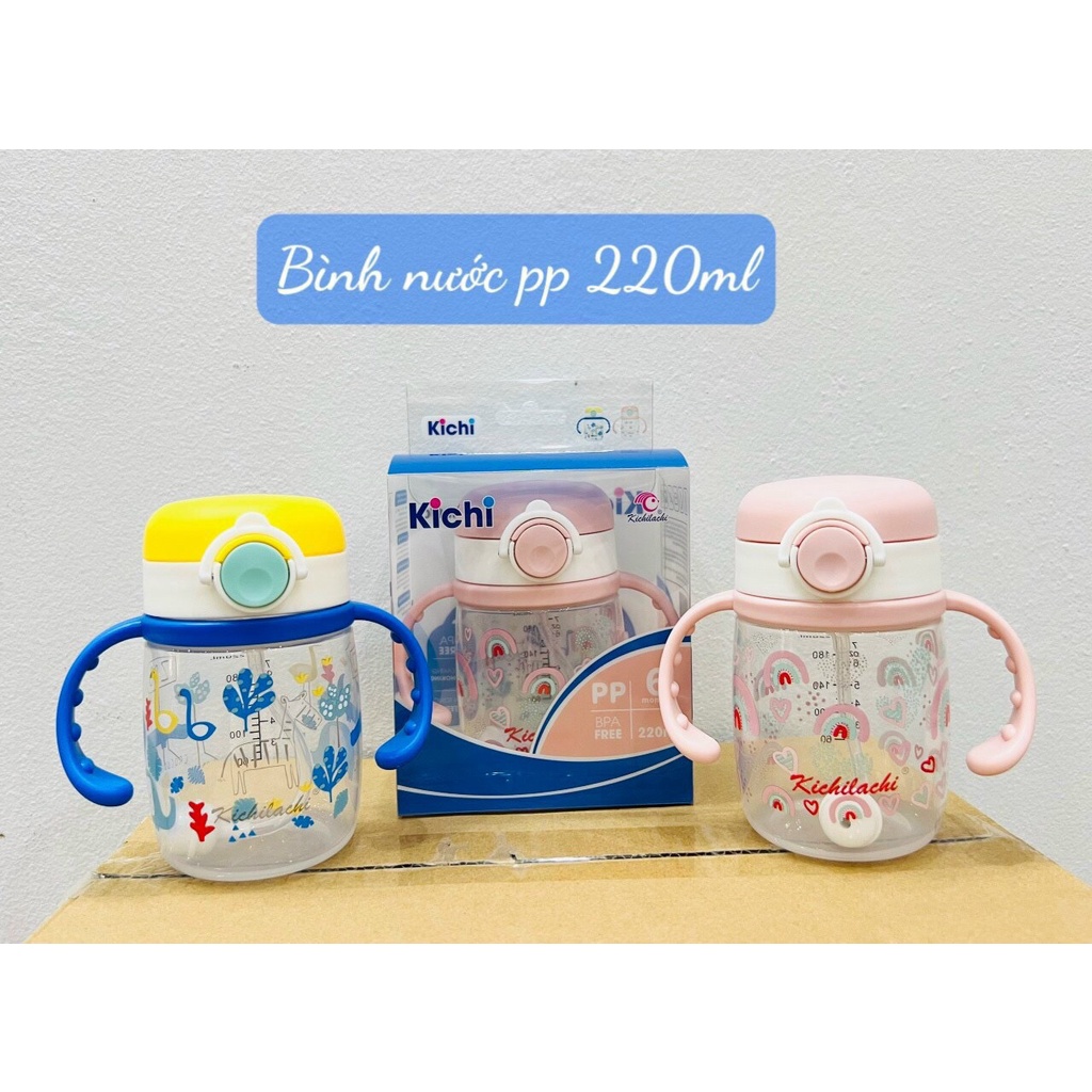 Bình tập uống nước Kichi Kichilachi nhựa Meka cao cấp 220ml cho bé - chống sặc , chống đổ - Tặng cọ vệ sinh ống