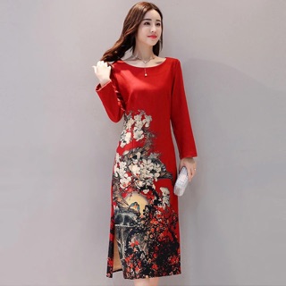 Váy liền dài tay - váy dự tiệc - áo dài hoa - Phong cách dân tộc