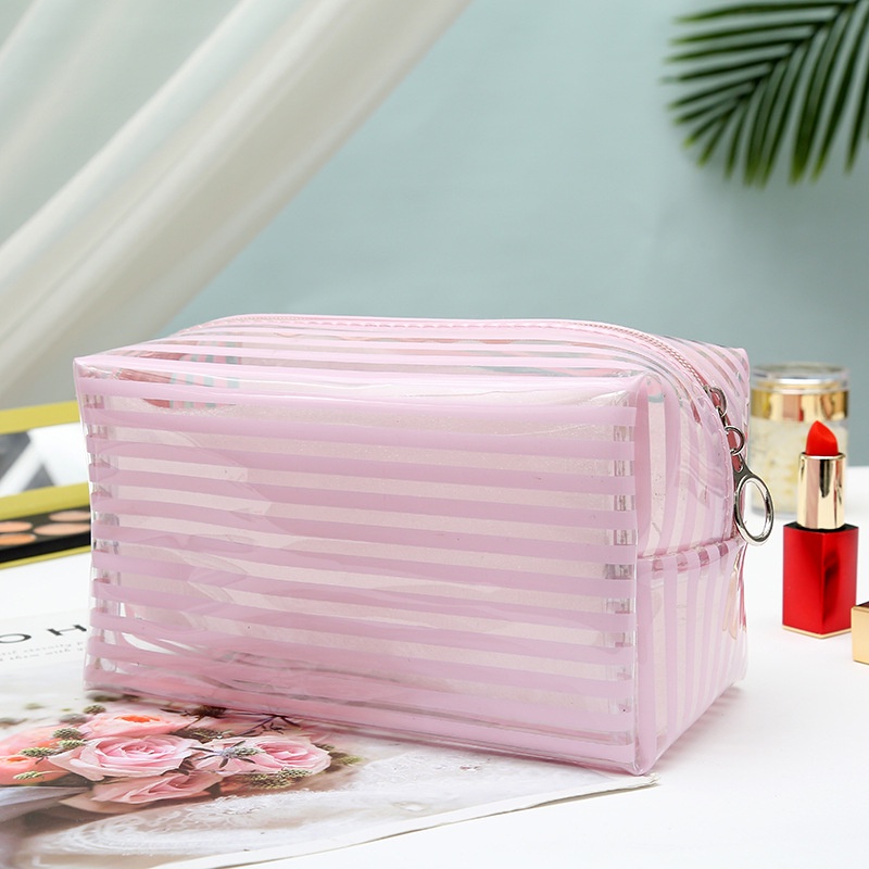 [Hàng mới về] Túi mỹ phẩm bằng PVC trong mờ cỡ lớn chất lượng thiết kế kẻ sọc