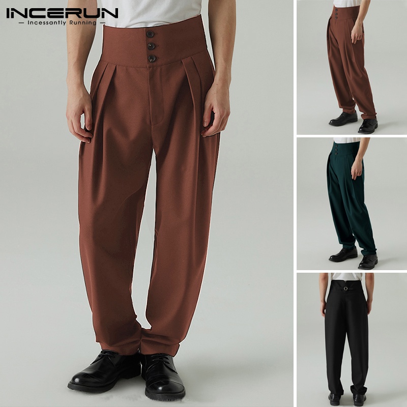 Quần dài nam INCERUN lưng cao màu trơn dáng suông rộng có nút cài phong cách cổ điển