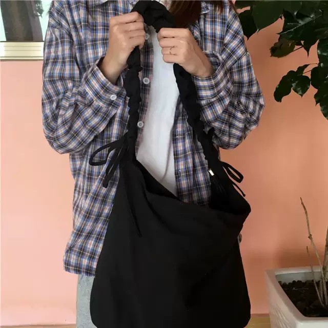 [FREESHIP] Túi tote đeo chéo dây rút có khóa &amp; túi con - vải canvas, phong cách ULZZANG
