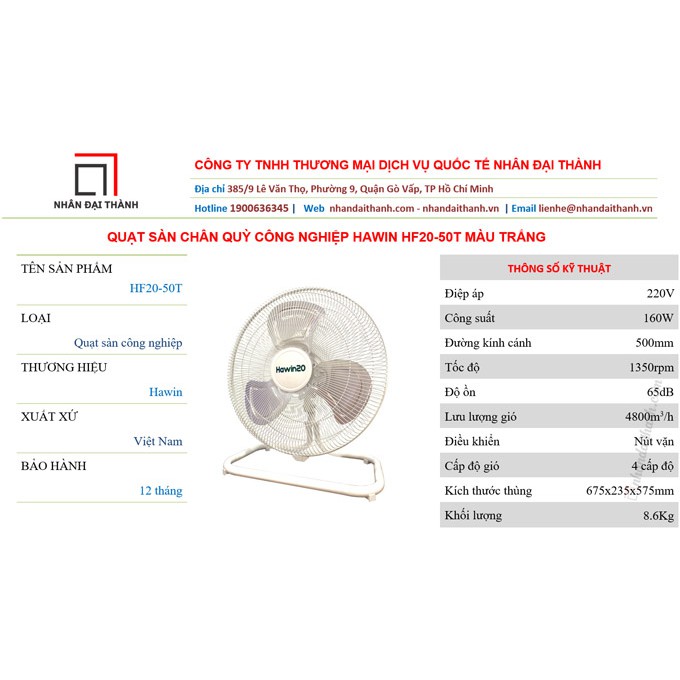 Quạt sàn chân quỳ công nghiệp Hawin HF20-50T màu trắng