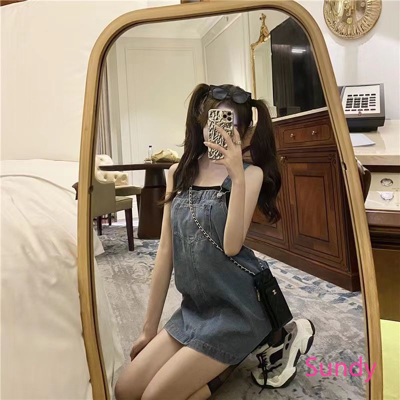 Đầm Yếm Denim Lưng Cao Dáng Rộng Thời Trang Mùa Hè Phong Cách Vintage Hàn Quốc Cho Nữ