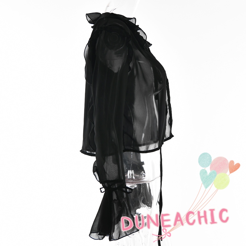 Áo Thun Tay Dài Phối Bèo Xuyên Thấu Chống Nắng Thời Trang Mùa Hè Cho Nữ