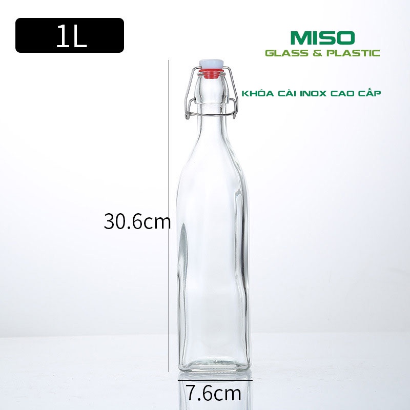Chai thủy tinh Nắp Cài  khóa INOX dáng Tròn - Vuông 250ml 500ml 1000ml