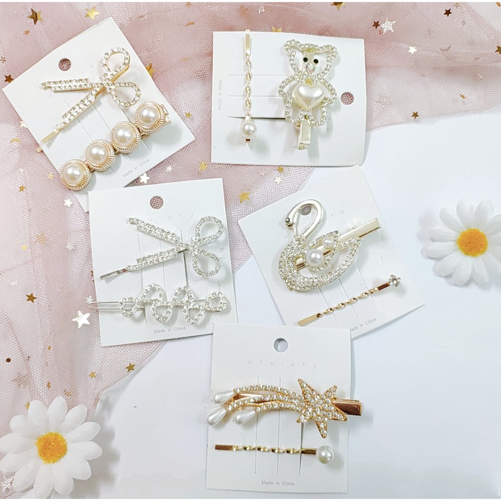 Set 2 Kẹp Tóc Mix Đá Trắng Thiết Kế Độc Đáo