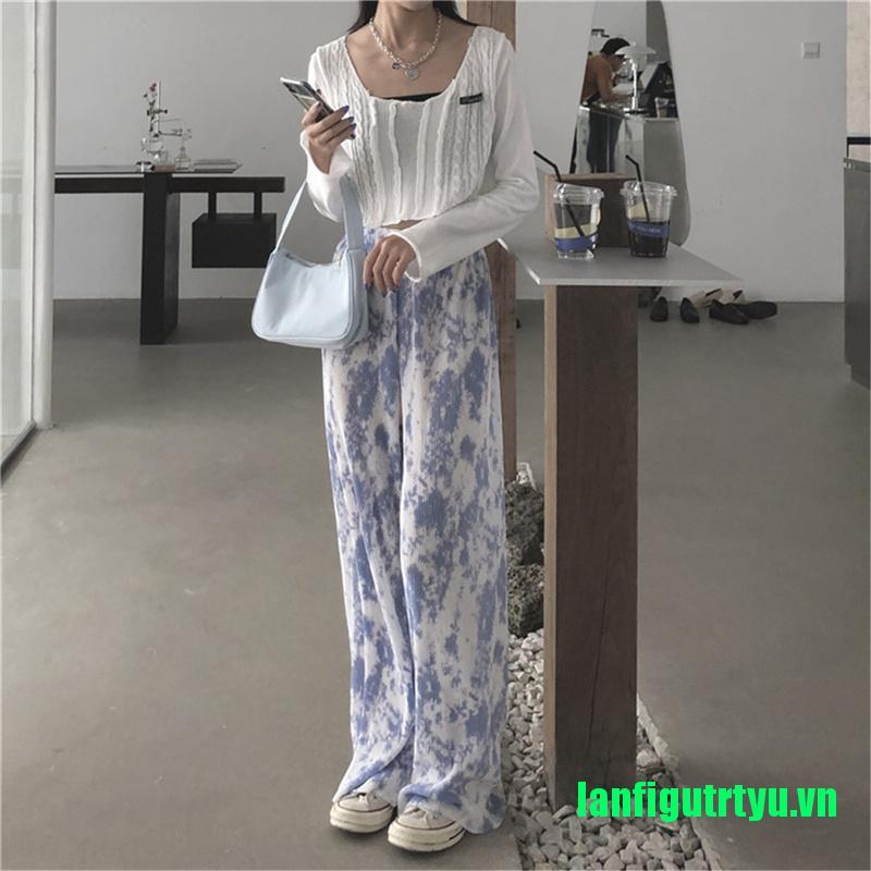 【trtyu】Loose Straight High Waist Long Boho Ruched Pleated Tie Dye Print Pant Casual Trouser
