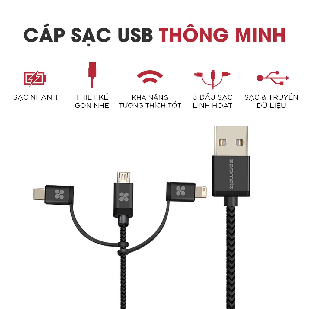 [Mã 2404EL10K giảm 10K đơn 20K] Cáp Sạc 3 Trong 1 Micro USB + Type C + Lightning Promate UNILINK-TRIO-Hàng Chính Hãng