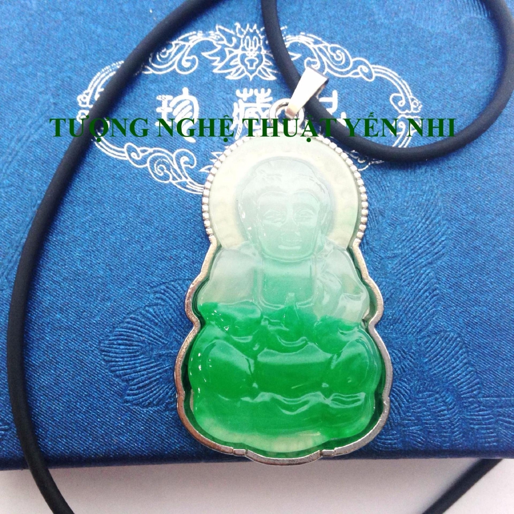 Dây chuyền phật Quan Âm xanh ngọc bọc bạc- mặt 4,5x2,8cm
