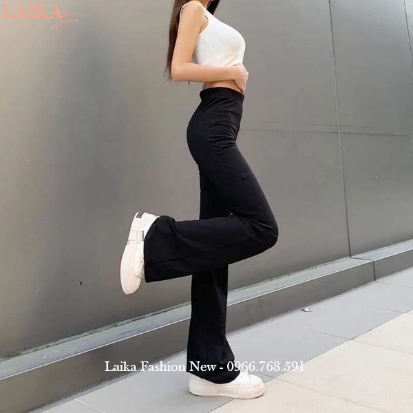 Quần ống loe cạp cao dài con giãn tôn dáng màu đen bigsize dây eo dáng quần legging ống loe ôm lưng chun vải cotton dày