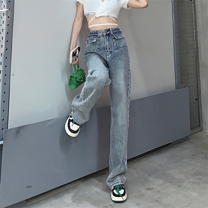 Quần Jeans Lưng Cao Ống Rộng Phong Cách Đường Phố Mỹ Cho Nữ