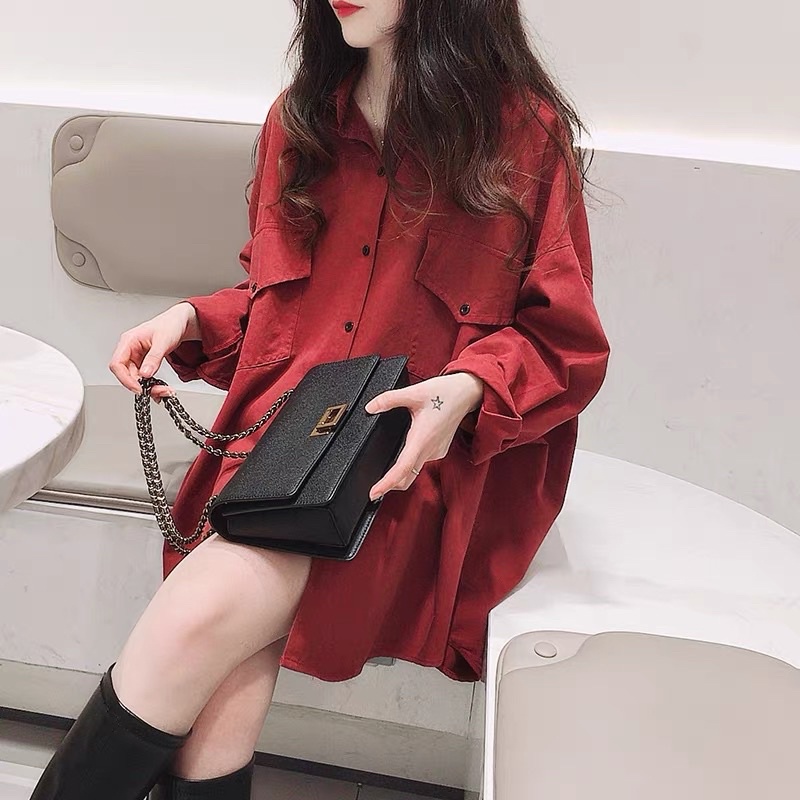 Áo sơ mi nữ from rộng unisex dài tay trơn túi hộp tay phồng phong cách ulzzang hàn quốc,TONGKHOQUANAONU