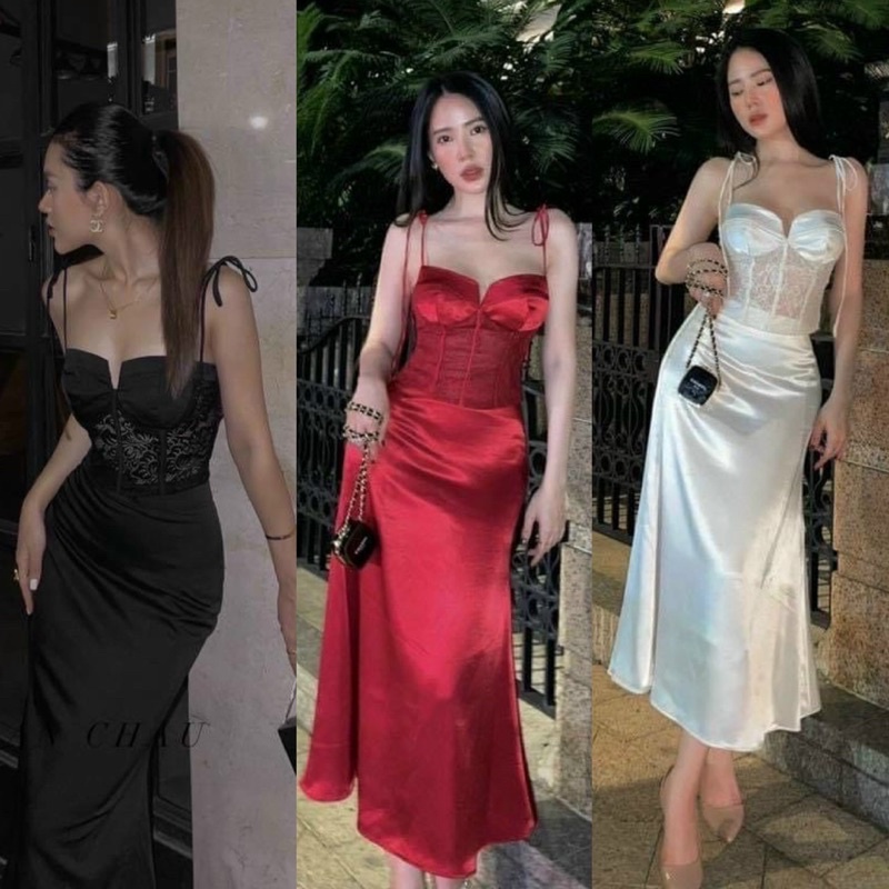 Set áo ren 2 dây + chân váy dài phi lụa đen trắng đỏ, thời trang đầm thiết kế sang trọng quyến rũ gợi cảm sexy dự tiệc
