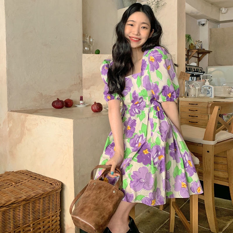 Đầm Chữ A Cổ Vuông Tay Phồng Dáng Rộng In Họa Tiết Kiểu Retro Pháp Thời Trang Mùa Hè Mới 2021