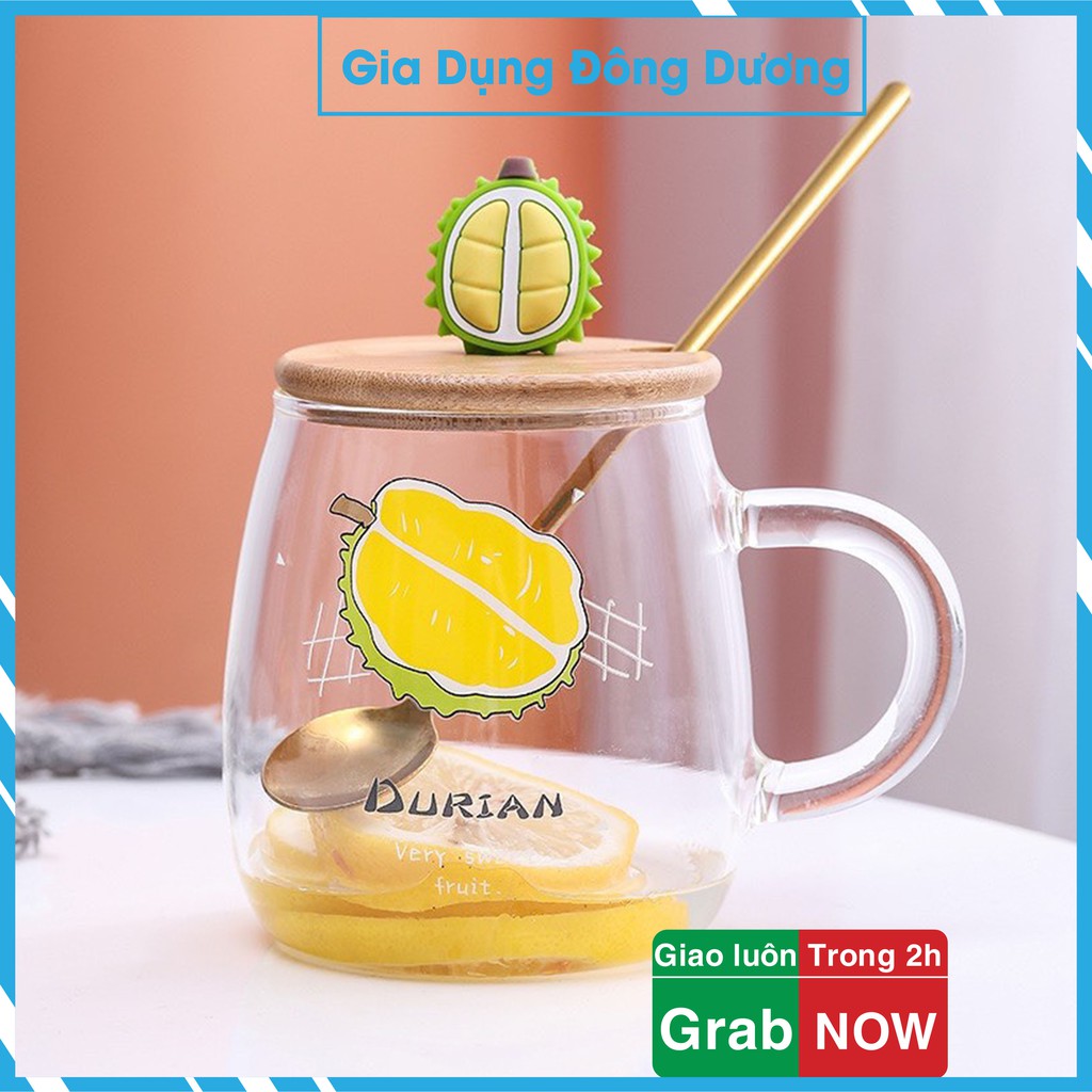 Cốc thủy tinh kèm thìa inox 400ml, Ly thủy tinh uống trà nắp gỗ hình nhân vật dễ thương mẫu mới 2021