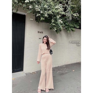 Set bộ dập ly áo croptop tay dài phối quần suông!