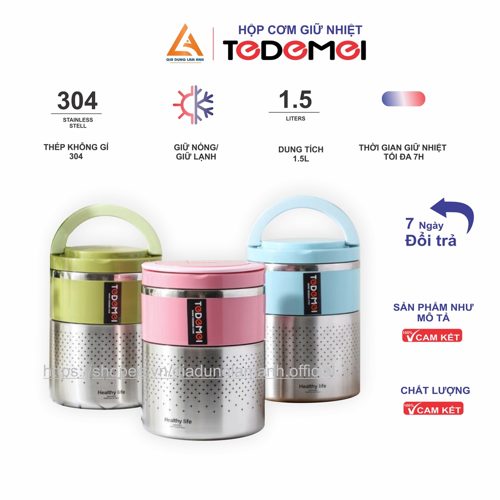 Hộp cơm giữ nhiệt 2 tầng 2 khay TEDEMEI, cà men đựng cơm, cặp lồng ủ nóng 6-8 tiếng