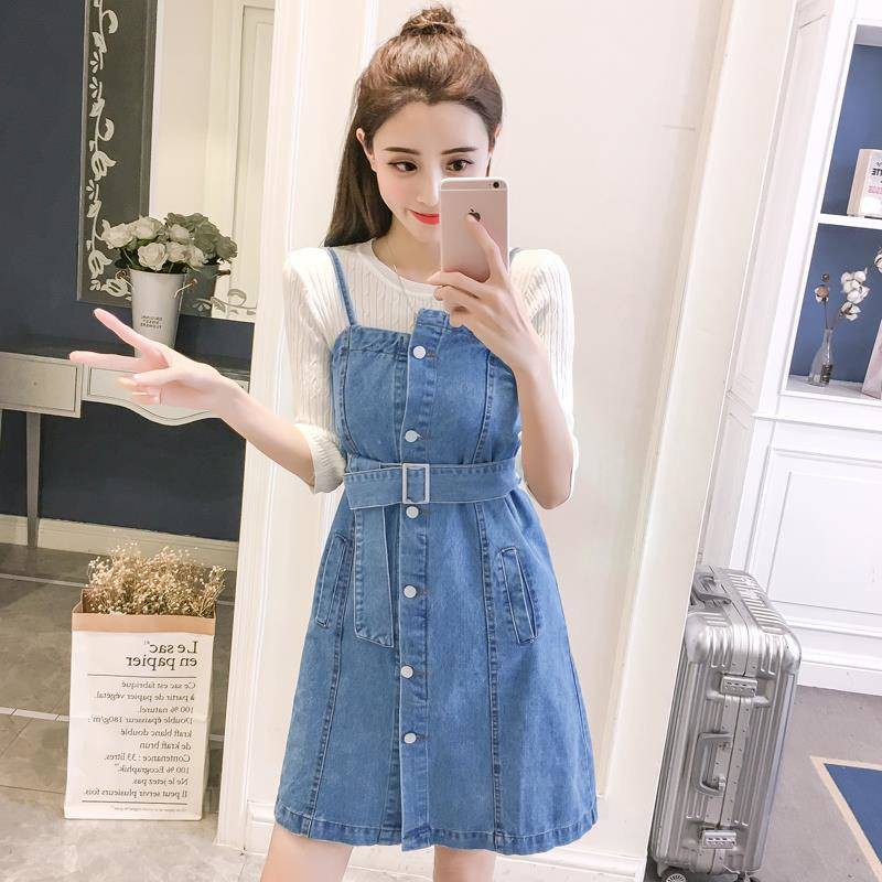 Đầm Yếm Denim Dáng Chữ A Rộng Phong Cách Hàn Quốc Thời Trang Xuân Hè 2018 Mới