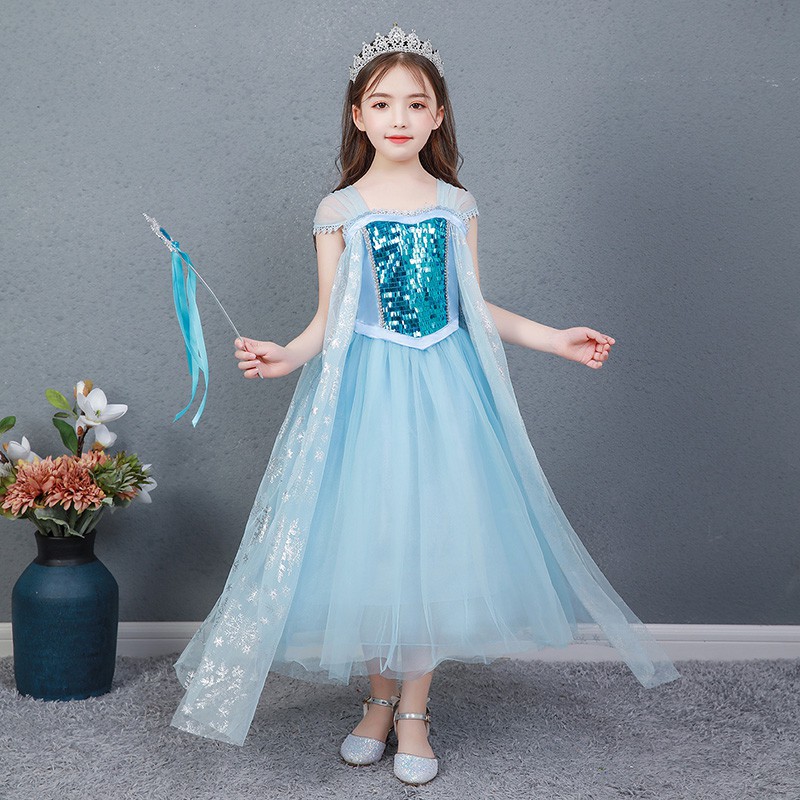 Đầm Elsa màu xanh tà dài, mẫu mới siêu hot 202 cho bé gái