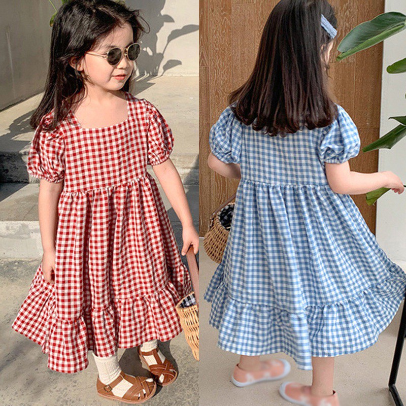 Đầm Ngắn Tay Kẻ Ca Rô Kiểu Hàn Quốc Cho Bé