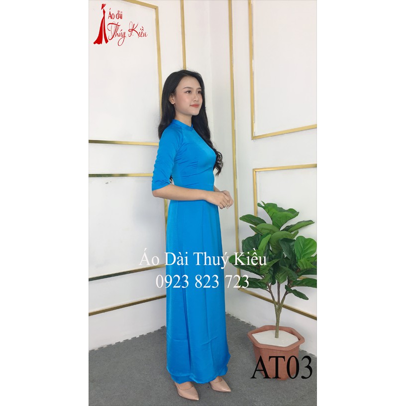 Áo dài Thúy Kiều trơn lụa Tây Thi cổ tàu màu xanh nước biển AT03