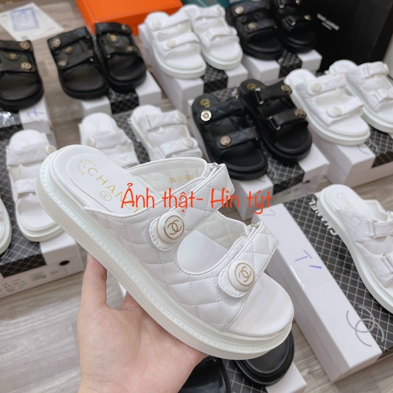dép nữ đế xuồng chànel bánh mỳ 2 quai ngang màu đen/ trắng thời trang (fullbox Bill túi giấy)