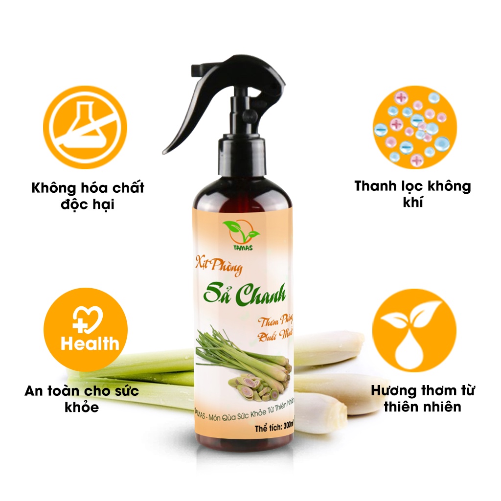 Xịt phòng Sả chanh chai 300ml TAMAS, được chiết xuất từ tinh dầu thiên nhiên, an toàn, thơm phòng, khử mùi, kháng khuẩn.