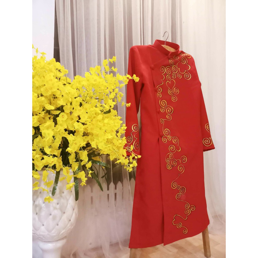 Áo dài cách tân nam màu đỏ họa tiết đơn giản