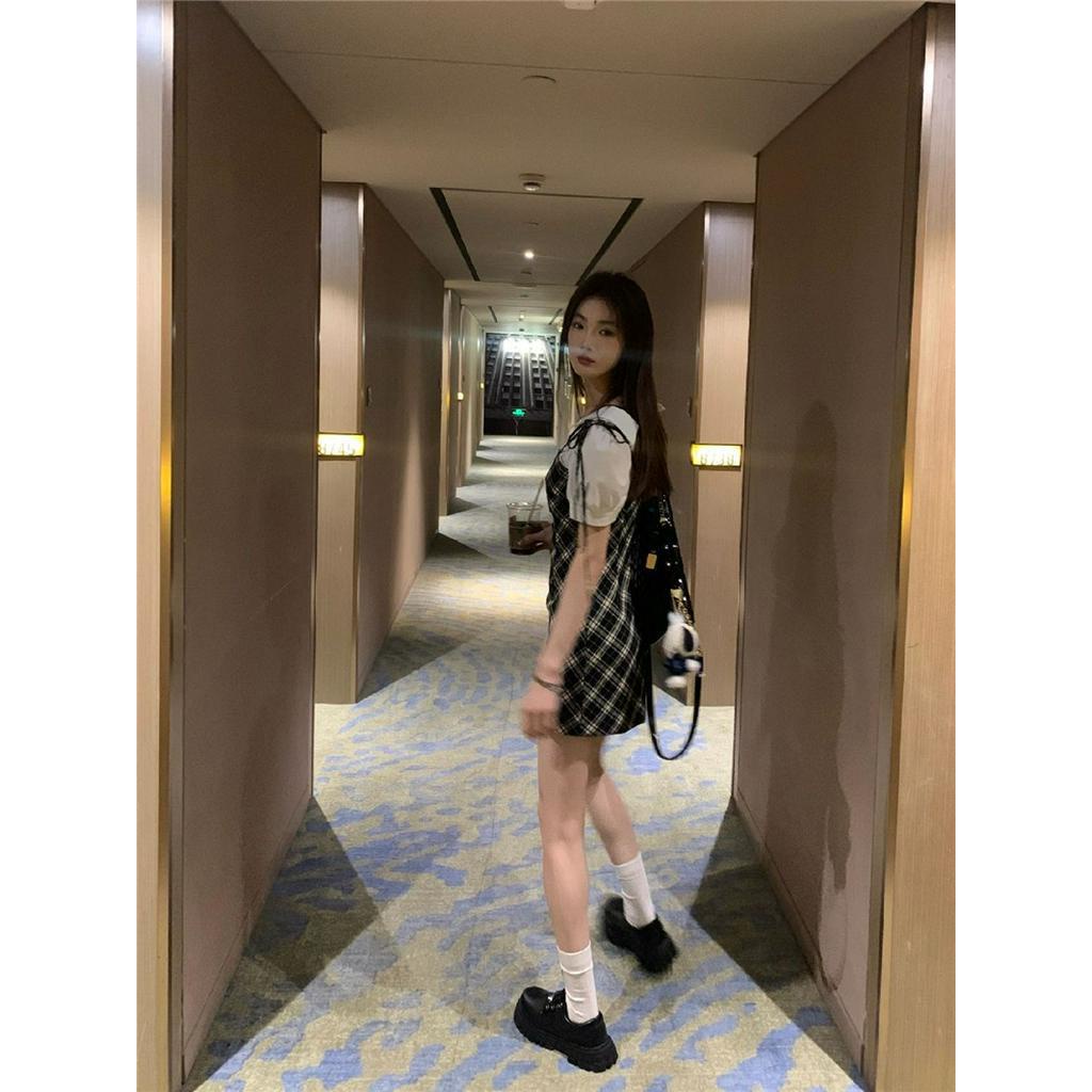 63634 Đầm Ôm Hông Giả Hai Lớp Phong Cách Preppy Retro Mỹ