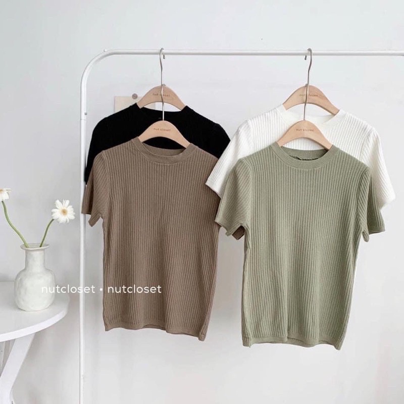 Áo Len Gân Basic Tay Ngắn Cổ Tròn, Áo Kiểu Nữ Đơn Giản