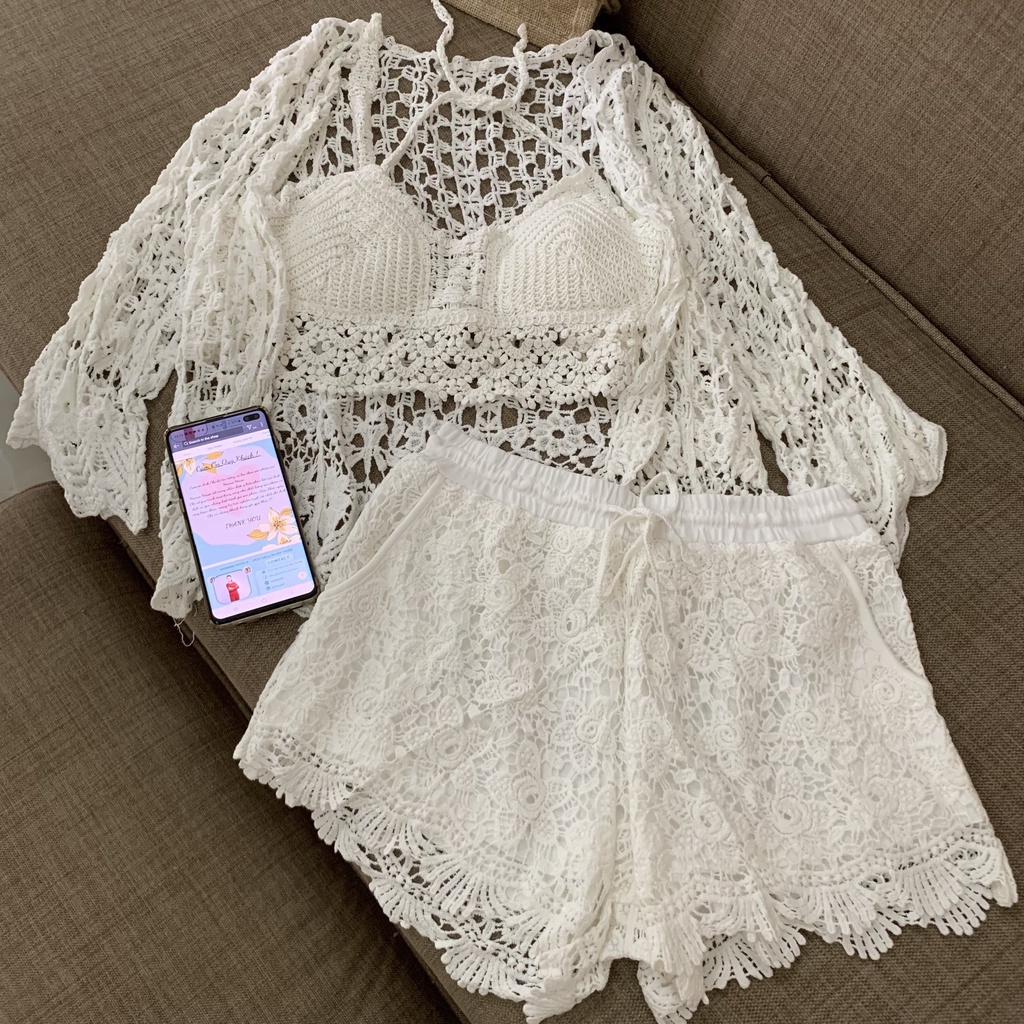 Ren 05-Set bikini ren đi biển 3 món áo bra-quần sóc- áo choàng