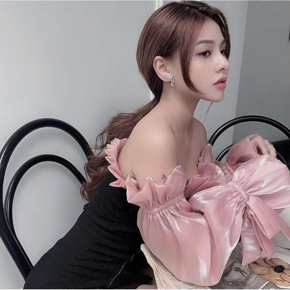 Đầm trễ vai dự tiệc tay phối lưới bóng kính siêu hot