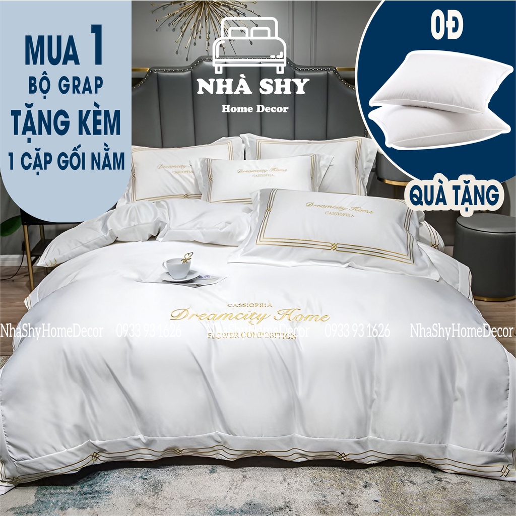 Trọn Bộ Chăn Ga Vỏ Gối Lụa Cotton Viền - Họa Tiết Thêu Dream City Home