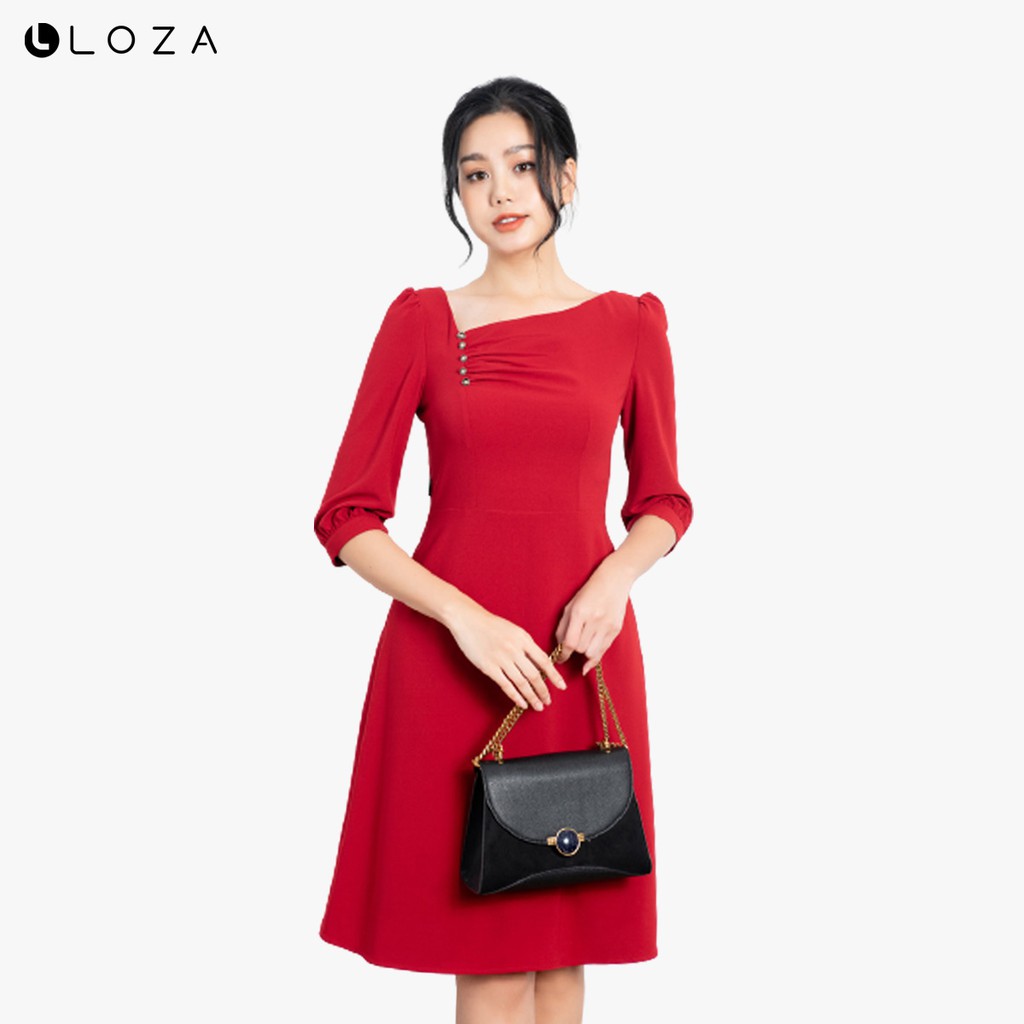 [Mã FASHIONMALLT4 giảm 15% đơn 150k] Đầm xòe cổ lệch đính đá-LOZA LD12009