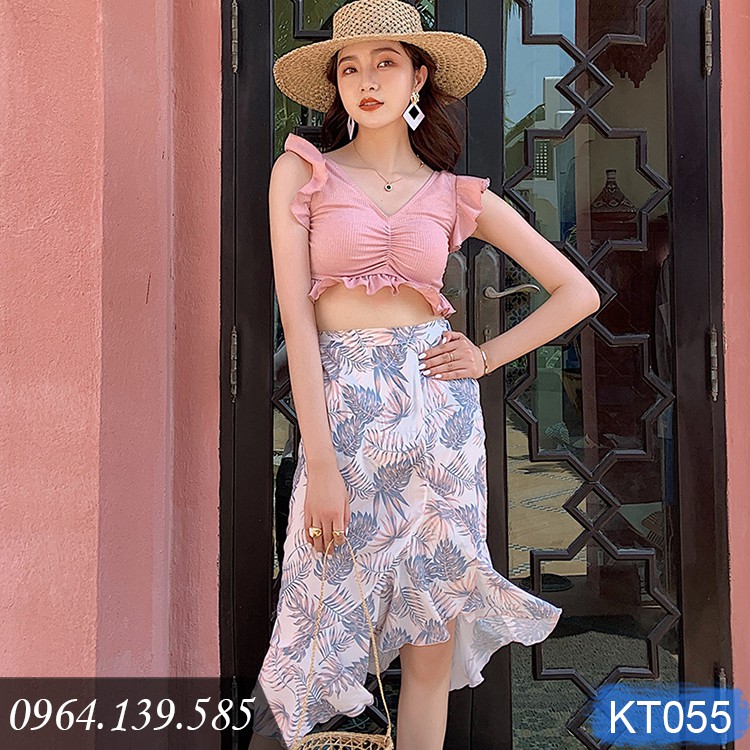 Bộ bơi nữ 3 chi tiết đẹp, bikini kèm váy quây xinh xắn, chất thun bơi lạnh dầy dặn, co giãn đa chiều, tôn dáng | KT055