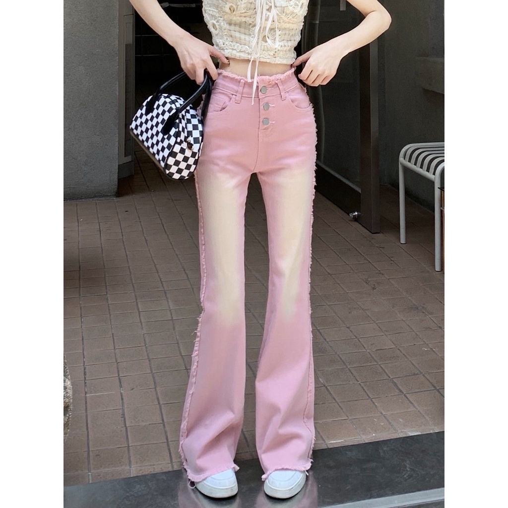 Quần Jeans Lưng Cao Ống Loe Màu Hồng Thời Trang Cho Nữ