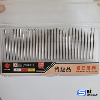 Bộ đầu mài kim cương 30 chi tiết dùng máy khoan mài khắc mini - mũi mài đá mài răng sứ chân cán 2ly