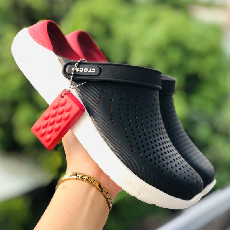 Dép Cross Literide  FREESHIP + Hàng loại 1 + Hộp  giày sục sandal Crocs quai ngang bít đầu nam nữ, kèm tag đen-đỏ