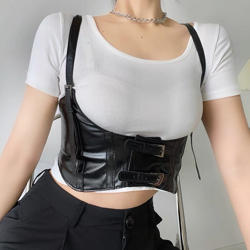Đai váy corset có quai đeo gile ĐV035- Thắt lưng nịt eo bằng da đen phong cách steampunk cá tính Đai nịt áo váy cosplay