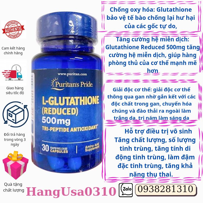 Glutathone 500ng , Viên uống trắng da, Tăng Cường Miễn Dịch , Reduced 500mg  Puritan’s Pride L-Glutathione 500mg 30 Viên