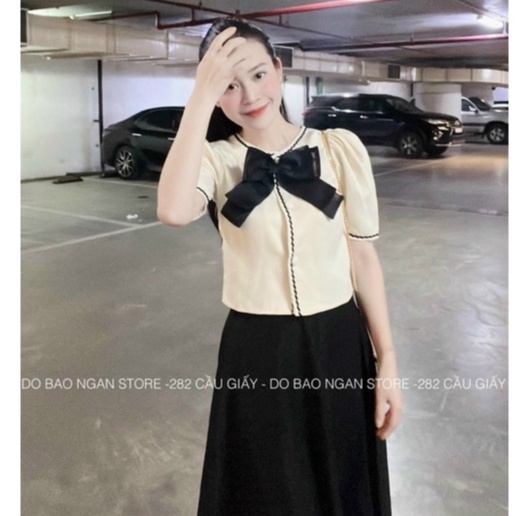 Áo Sơ Mi cổ nơ viền ziczac khuy ngọc tiểu thư 129