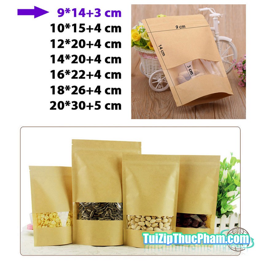 1000 cái túi zipper size 9x14 cm, túi zip giấy kraft vàng có cửa sổ tràn viền đựng thực phẩm chất lượng cao giá rẻ