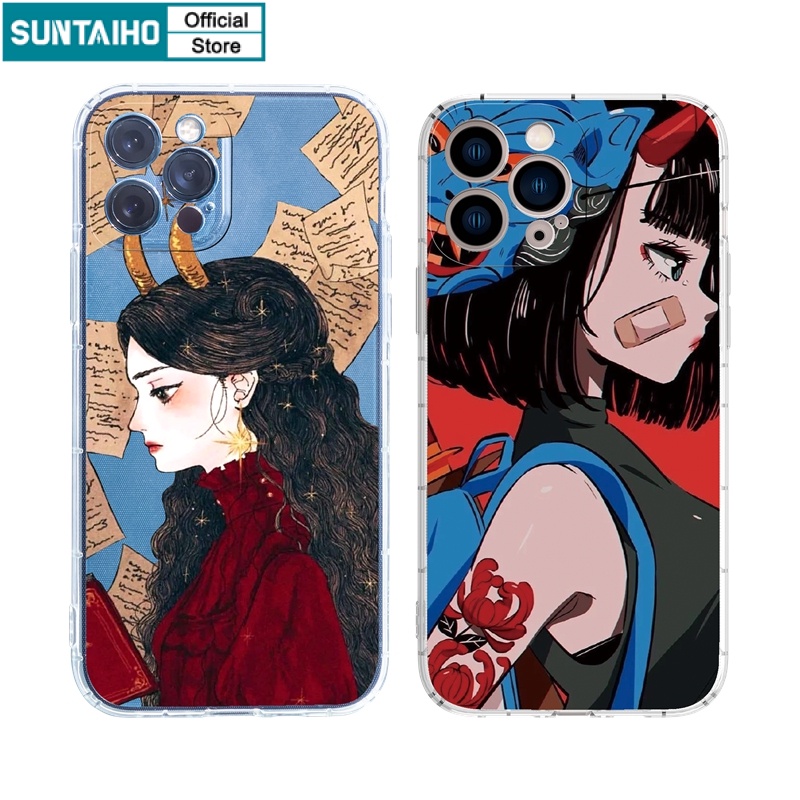 Ốp lưng iphone Ốp điện thoại SUNTAIHO TPU trong suốt viền vuông in hình cô gái cho IPhone 13 12 11 Pro Max X XS Max XR 8 7 6 6S Plus