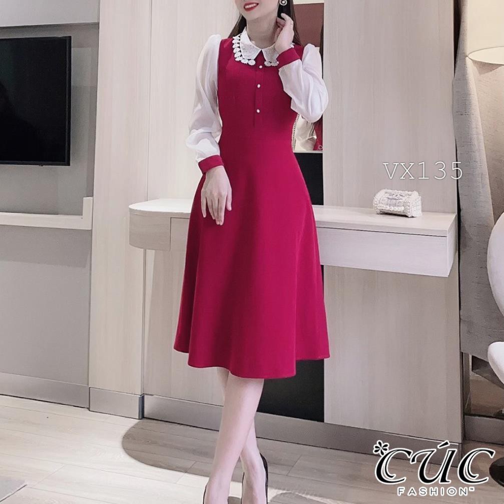 Váy dáng xòe liền thân công sở cao cấp Cúc Fashion VX135 váy nhung cổ ren hoa 👗 *